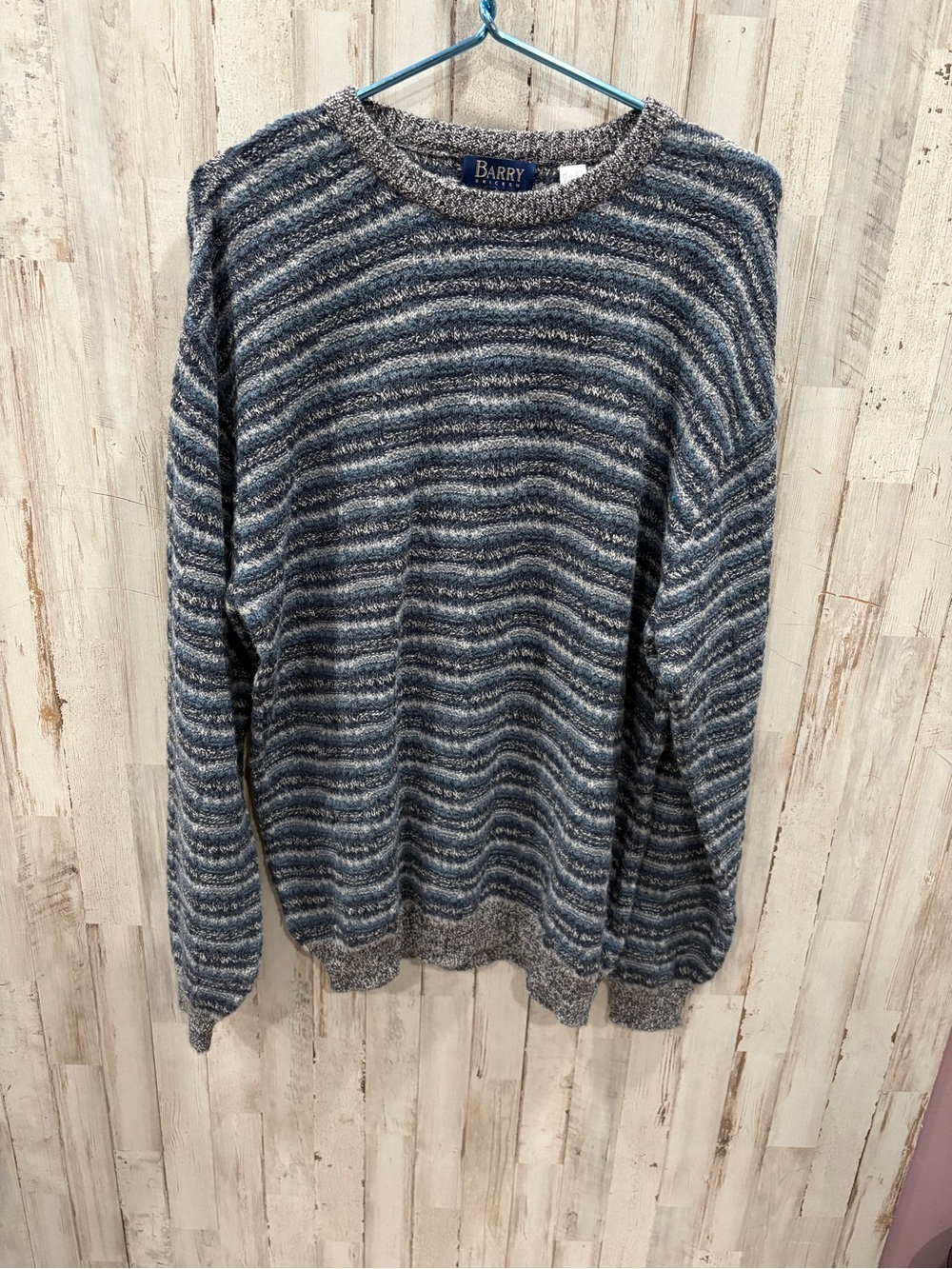Barry Bricken Alpaca Wool Blend Striped Knit Sweater Blue Gray L Crewneck Cozy
